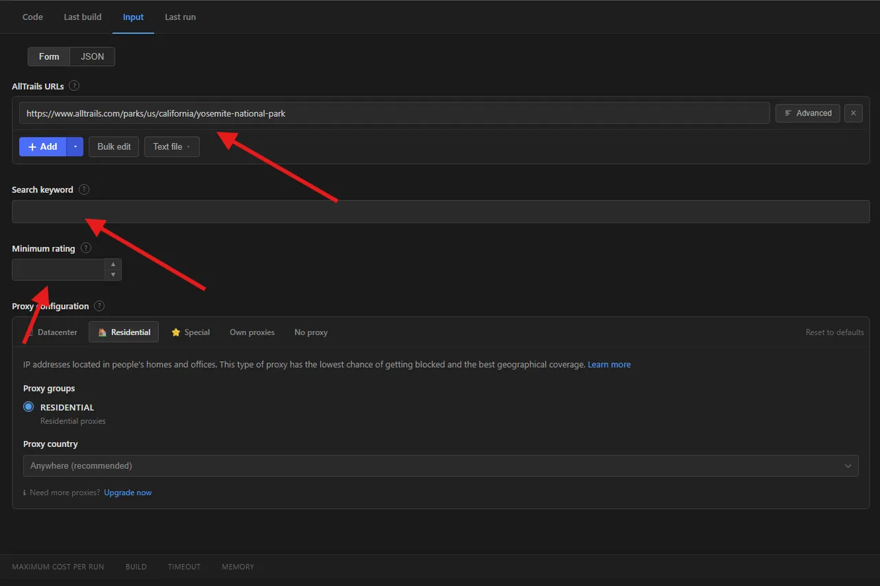 AllTrails Scraper input