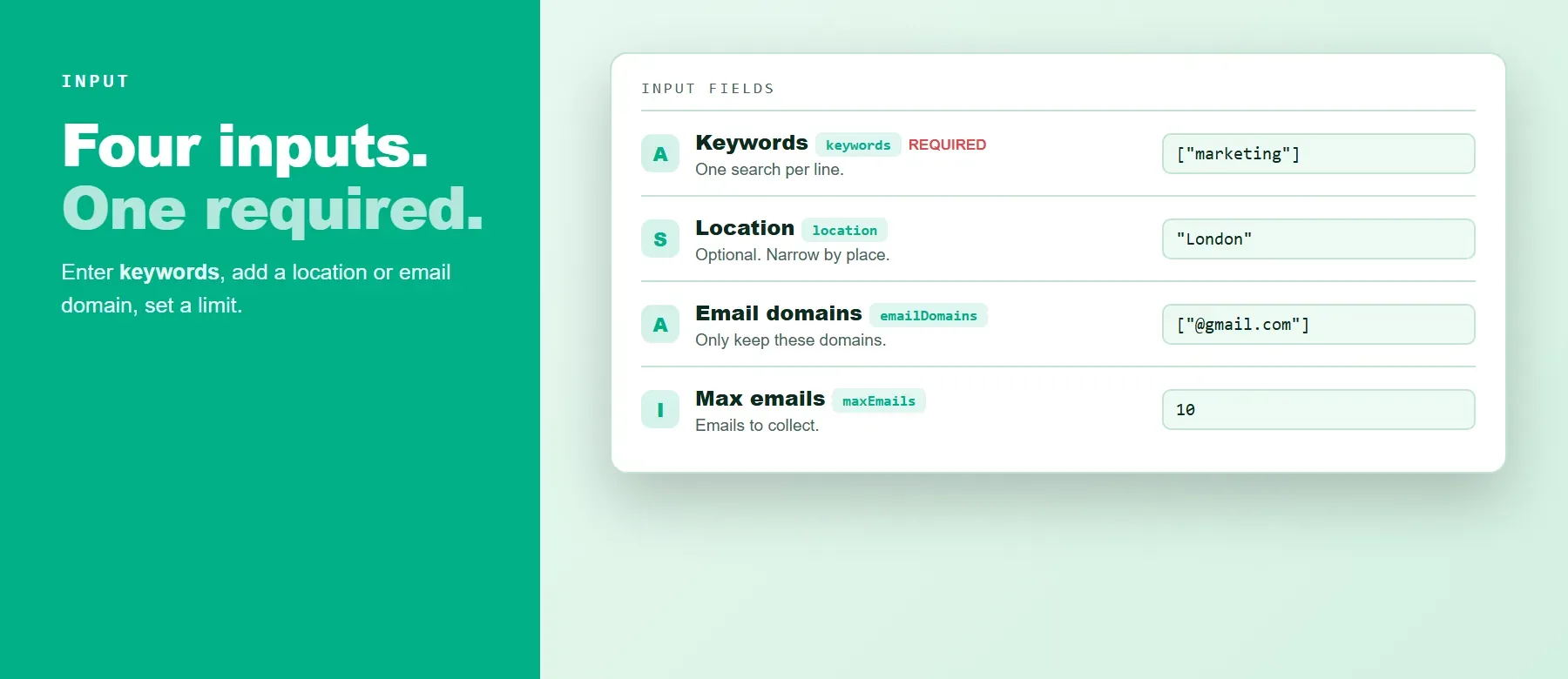 Tripadvisor Email Scraper input: keywords, location, email domains and max emails