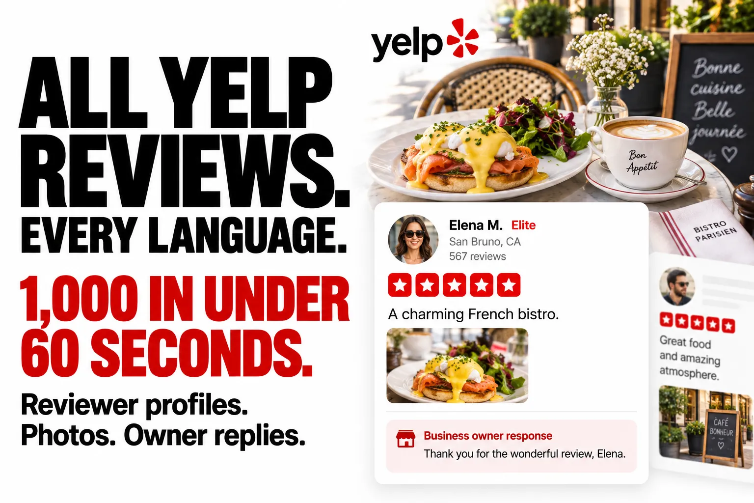 All Yelp reviews. Every language. 1,000 in under 60 seconds. Reviewer profiles. Photos. Owner replies.