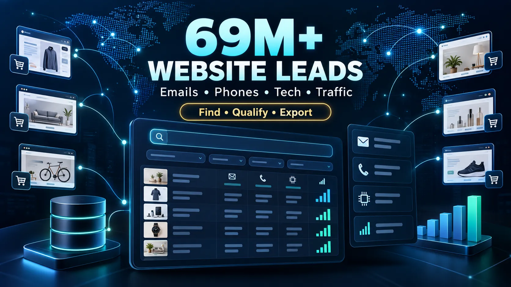 69M+ website leads with emails, phones, tech and traffic