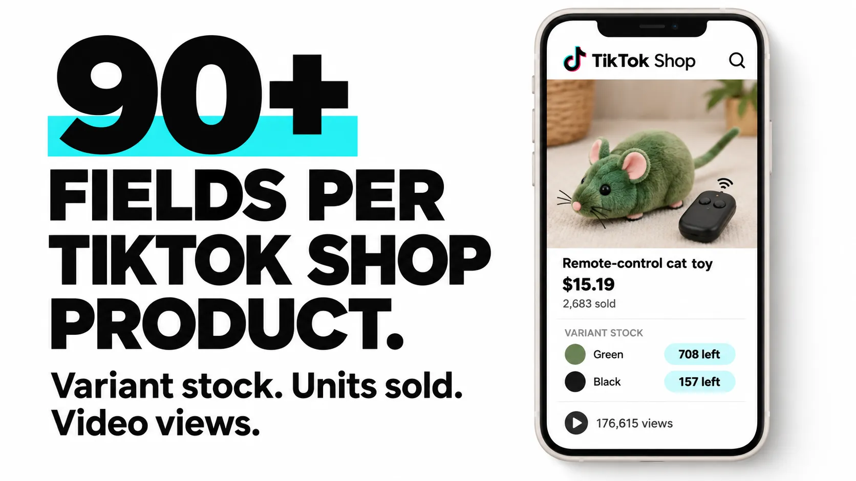 90+ fields per TikTok Shop product. Variant stock. Units sold. Video views.