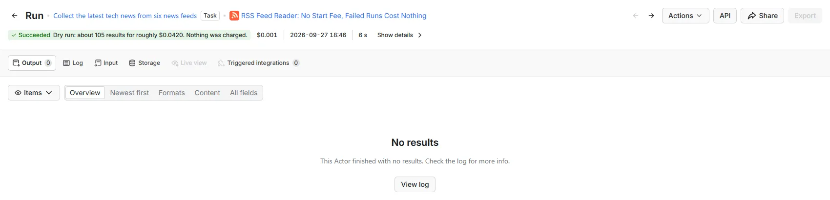 A finished dry run in the Apify Console: its status line reads "Dry run: about 105 results for roughly $0.0420. Nothing was charged."