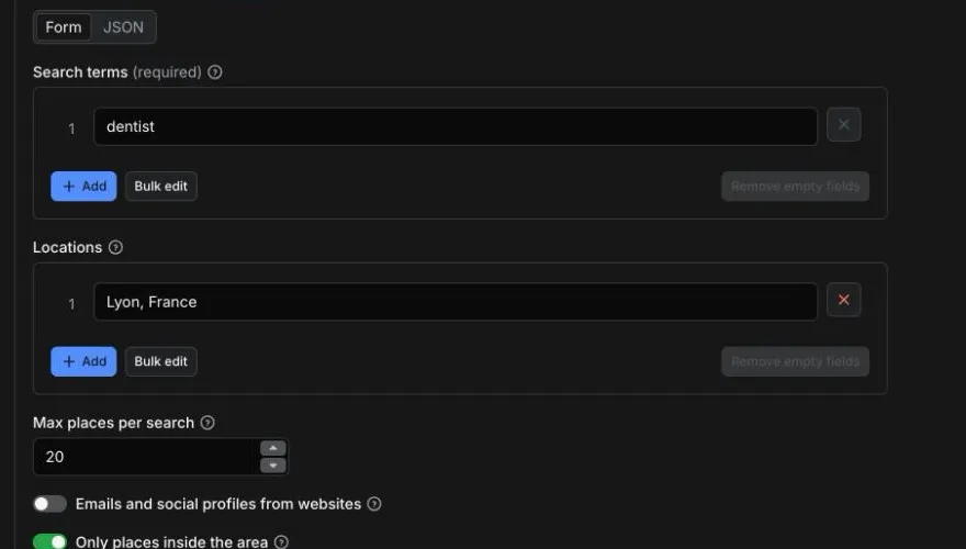 The Actor's input form in Apify Console: search terms, locations, max places per search, contacts switch and the boundary switch
