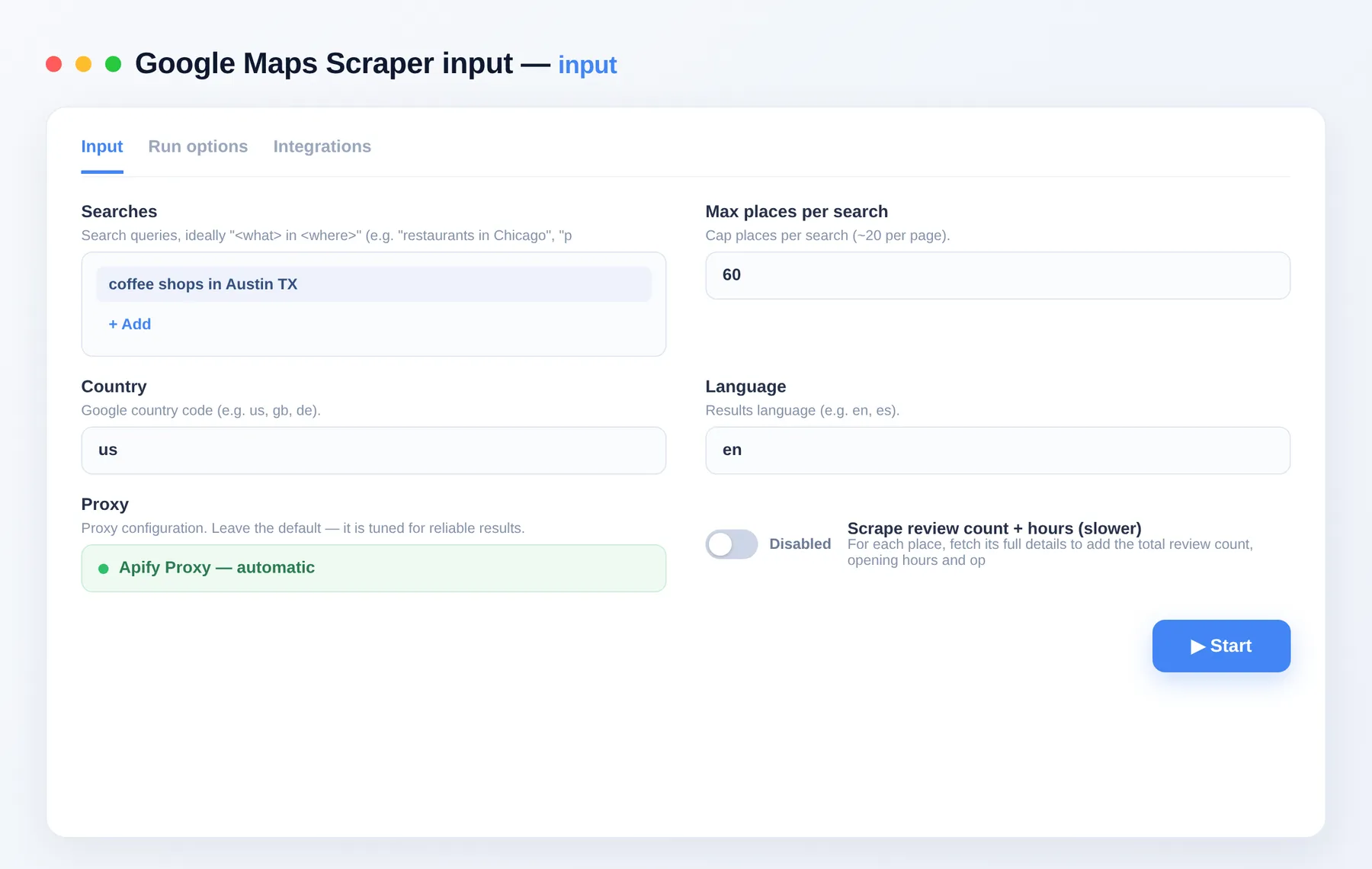 Google Maps Scraper input — search queries, country, language and place-details toggle in the Apify Console