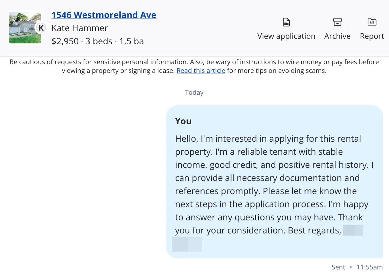 Zillow Rental Application Request Success screenshot