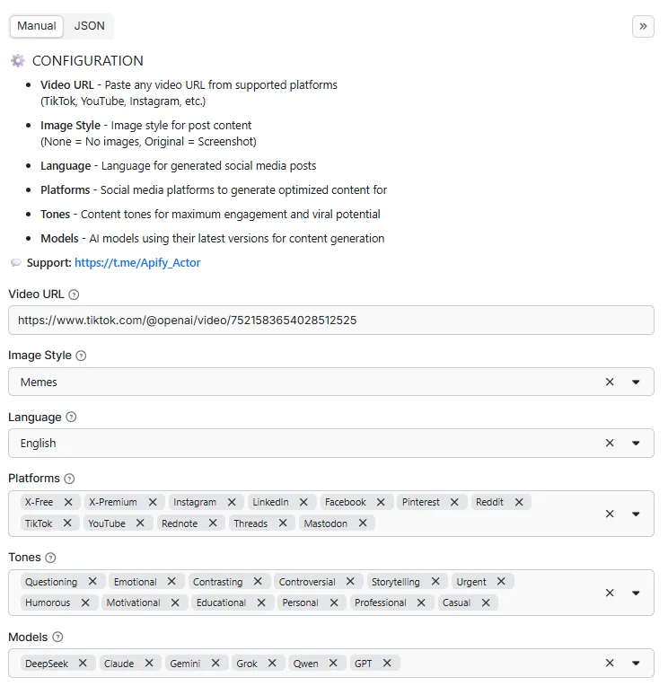 AI Social Media Content Generator Input Form - Video URL, Platform Selection, AI Model Configuration for Viral Post Creation