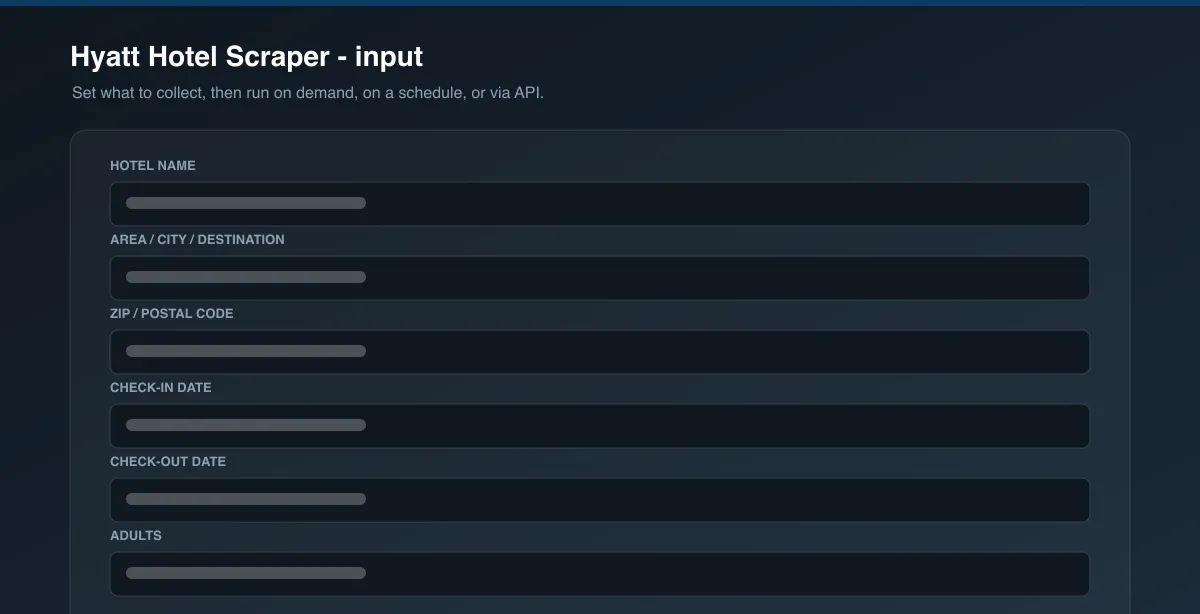 Hyatt Hotel Scraper input options