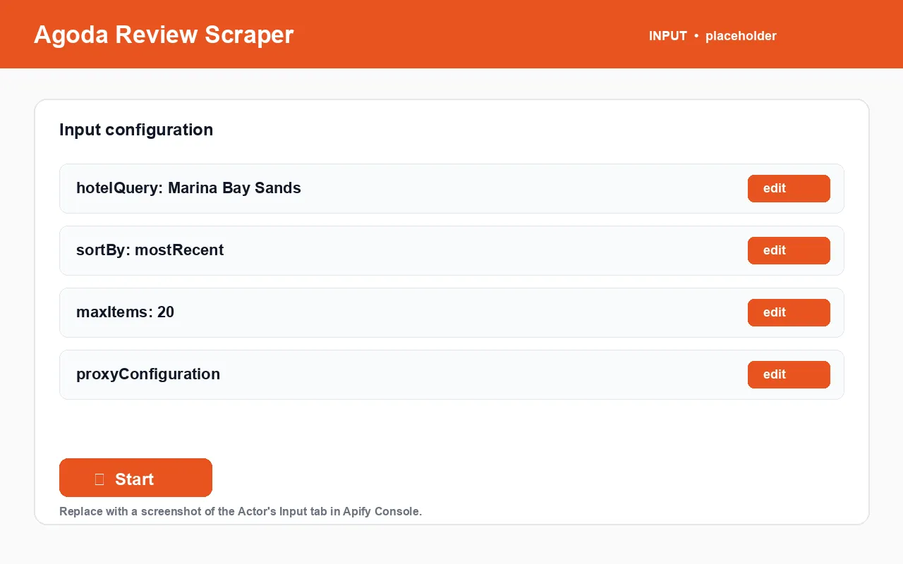 Agoda Review Scraper input configuration panel