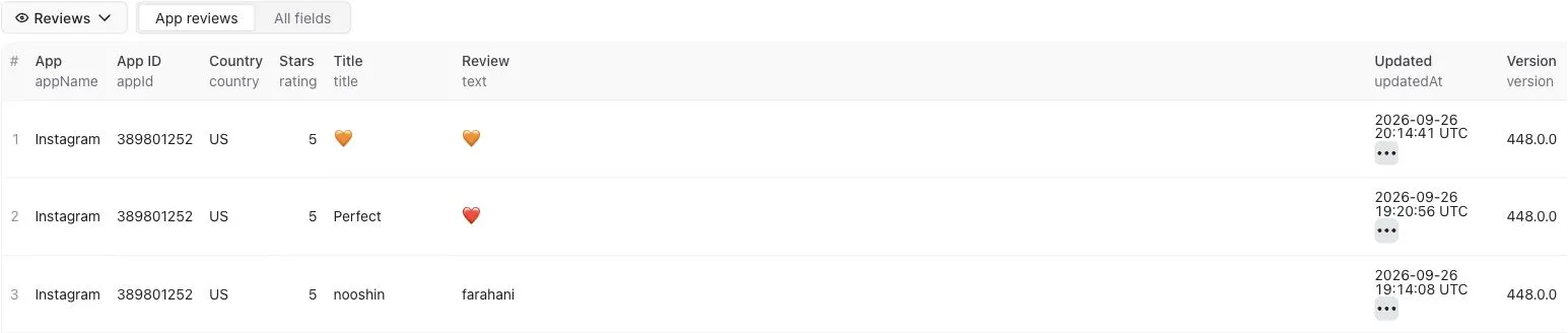 Real App Store review scraper output in Apify, showing Instagram app IDs, country, star ratings, review text and updated timestamps