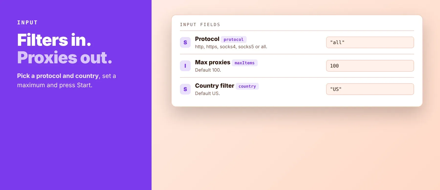 Proxy Scraper input: protocol, max proxies and country filter
