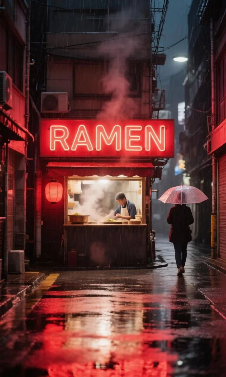 AI generated photorealistic rainy Tokyo alley with readable neon sign — Hunyuan Image 3