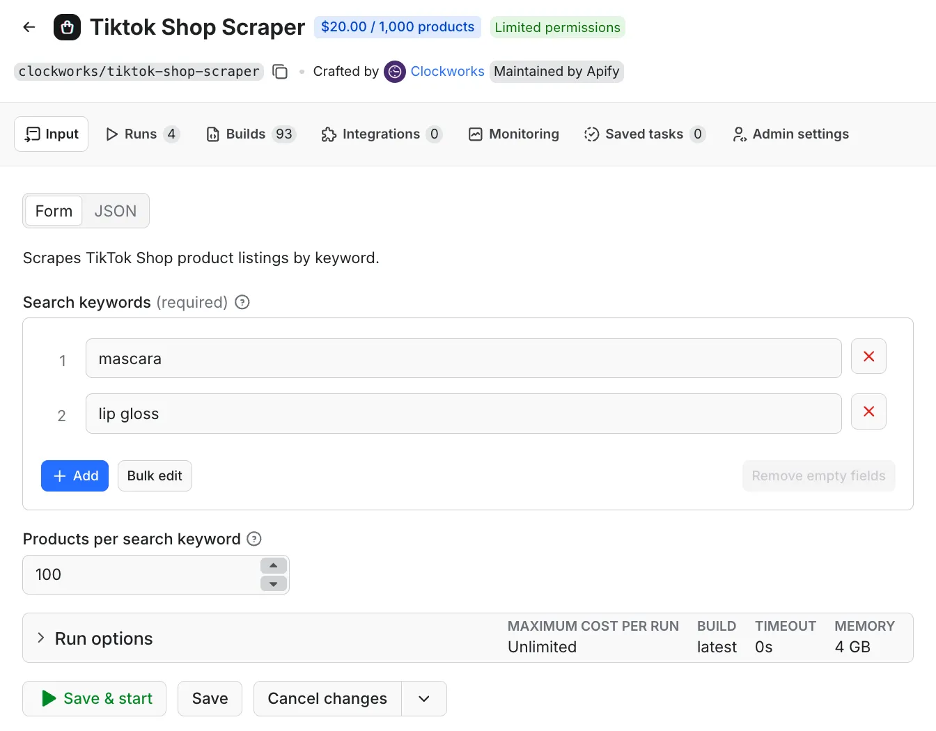 TikTok Shop Scraper input example
