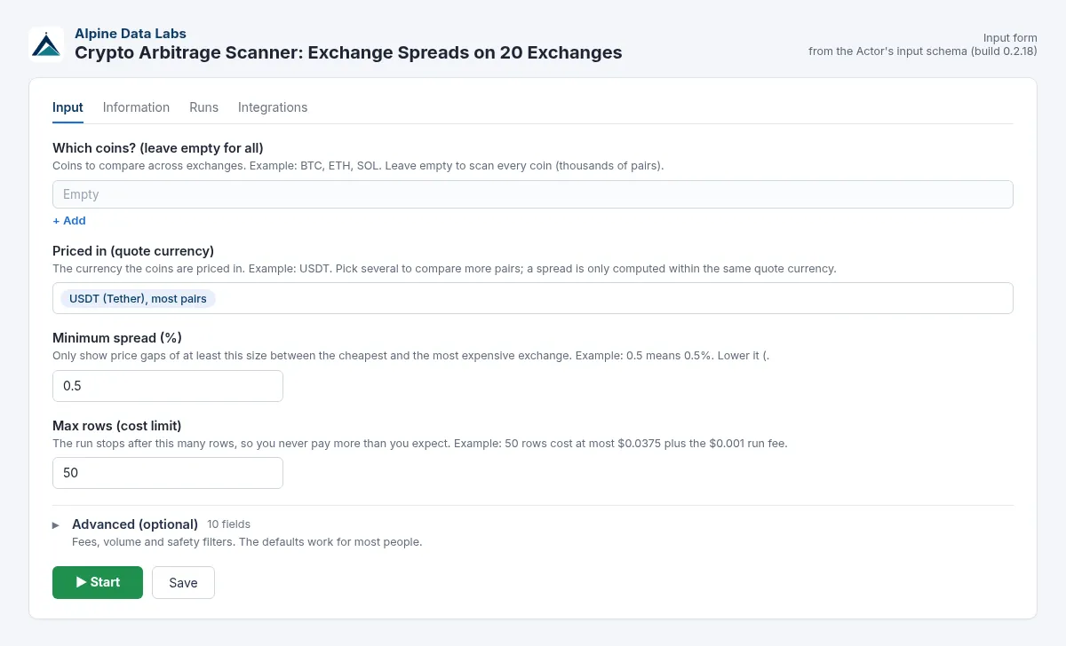 Crypto arbitrage scanner input form: coins, quote currency, minimum spread and max rows