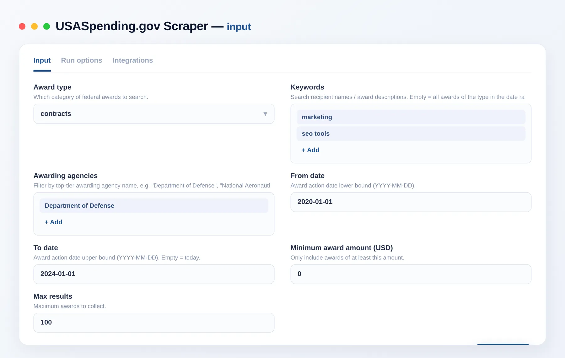 USASpending.gov Scraper input — award type, keywords, agency and date range in the Apify Console