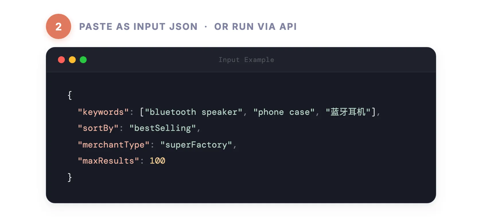 Step 2 — Paste as input JSON or run via API