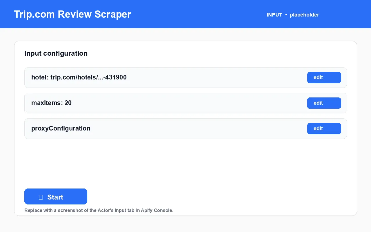 Trip.com Review Scraper input configuration panel