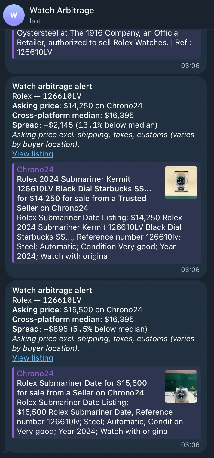 Real Telegram alerts — 3 spreads detected on Rolex 126610LV