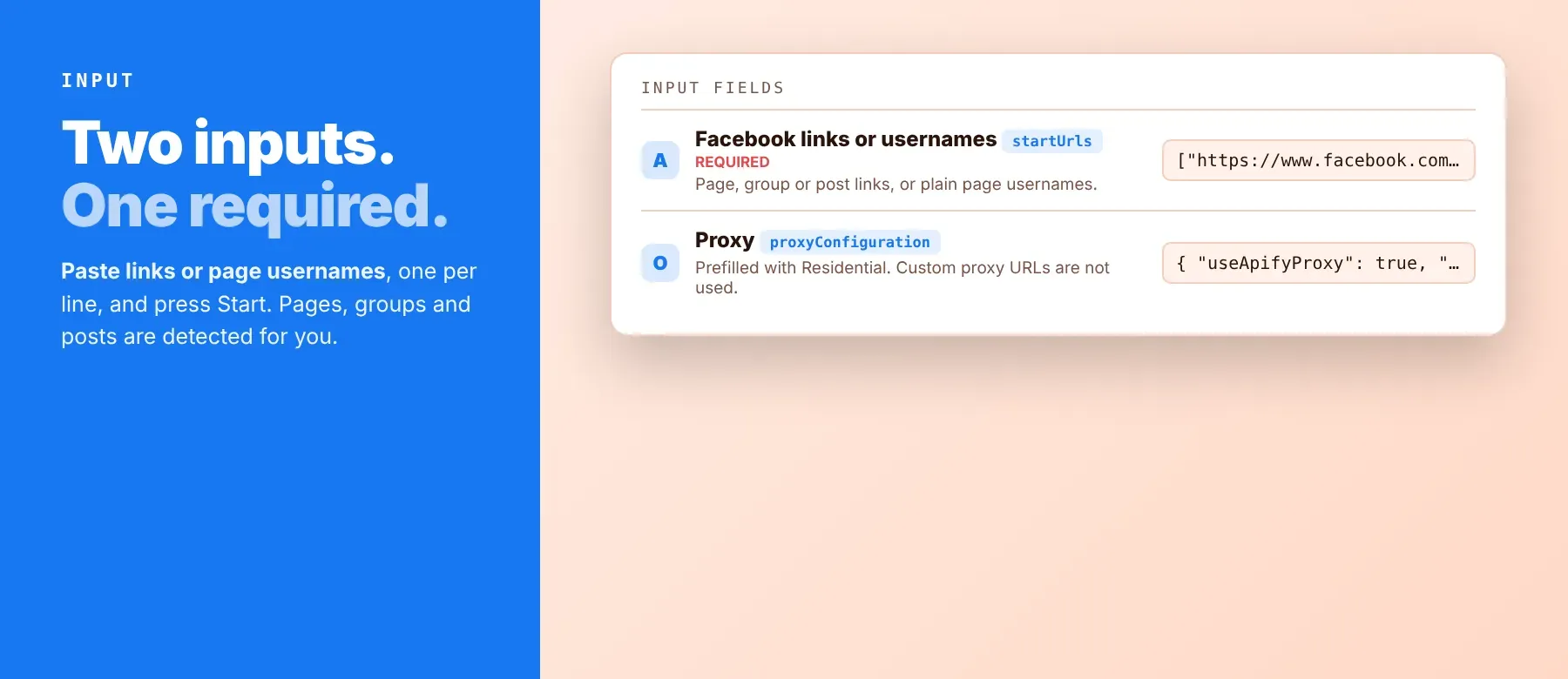 Facebook URL to ID Scraper input: Facebook links or usernames and proxy
