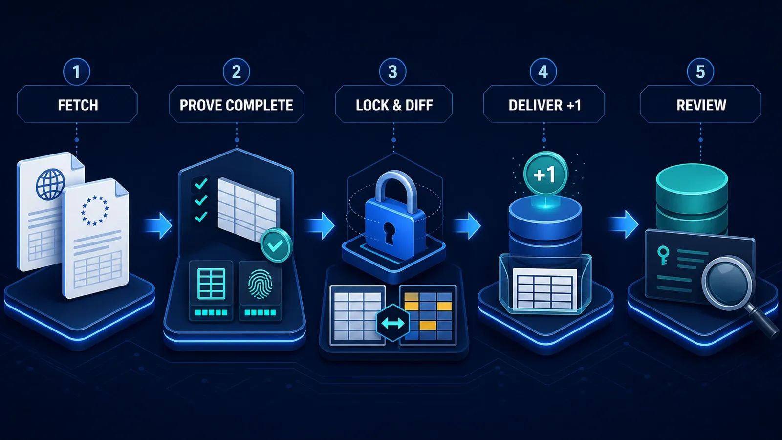 Sanctions Update Alert workflow: fetch, prove complete, lock and diff, deliver exact +1, then review