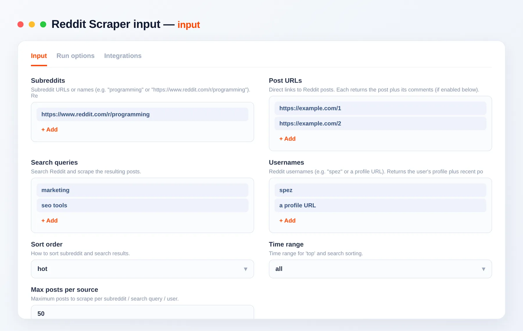 Reddit Scraper input — subreddits, search queries and comment options in the Apify Console