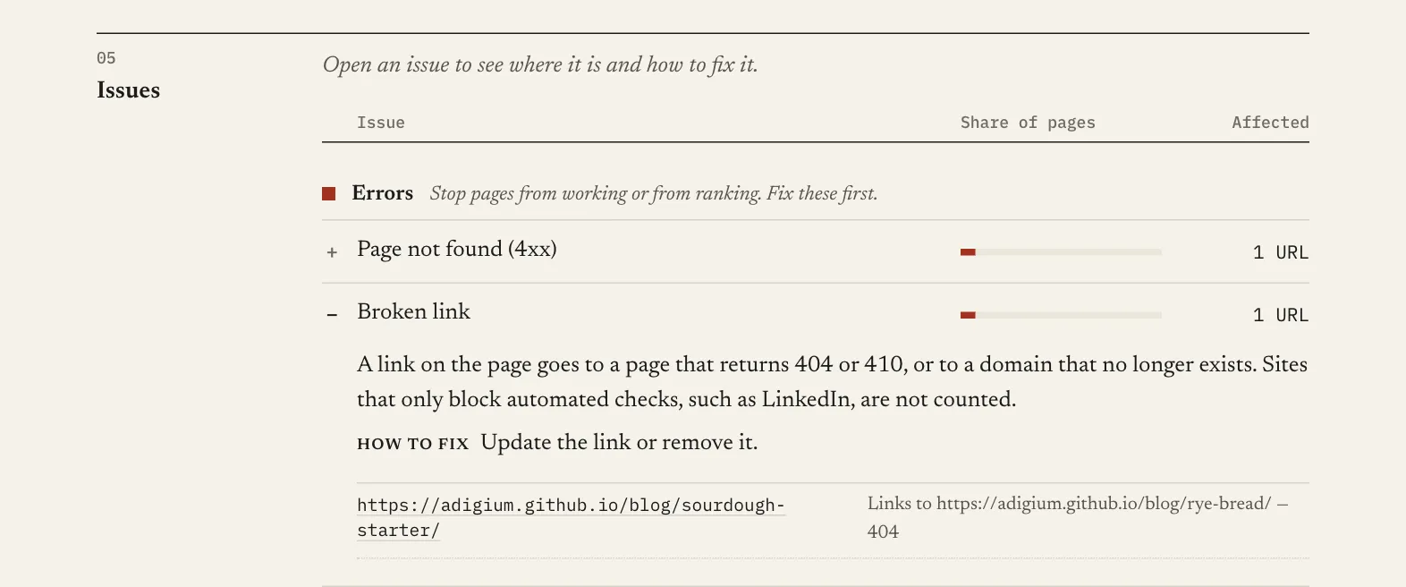A broken link opened in the Report: what it means, how to fix it, the page with the link and the address it points to