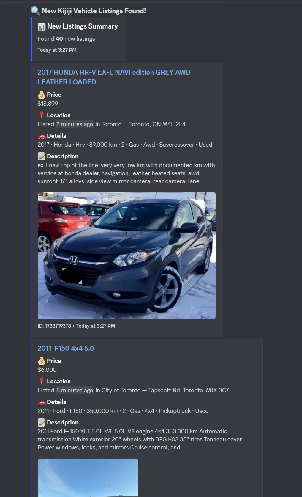 Kijiji Vehicle Scraper Discord notification showing new car and truck listings