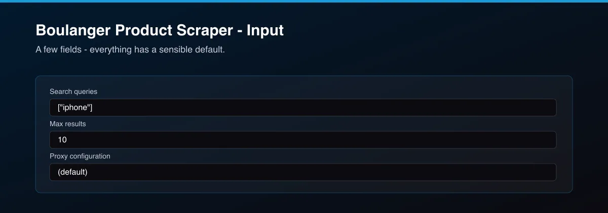 Boulanger Product Scraper input options