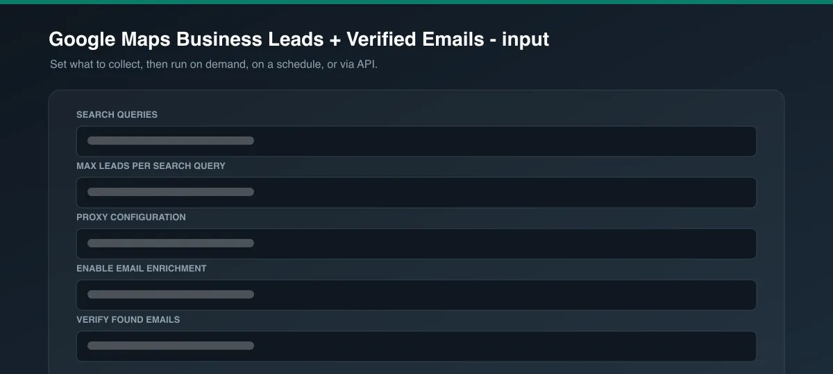 Google Maps Business Leads + Verified Emails input options