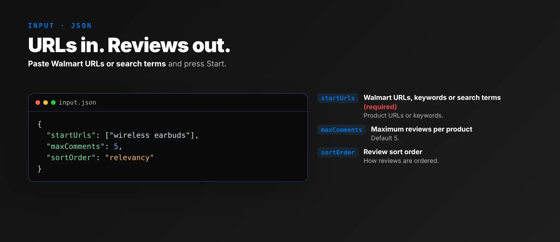 Walmart Reviews Scraper input: Walmart URLs or keywords and max reviews per product