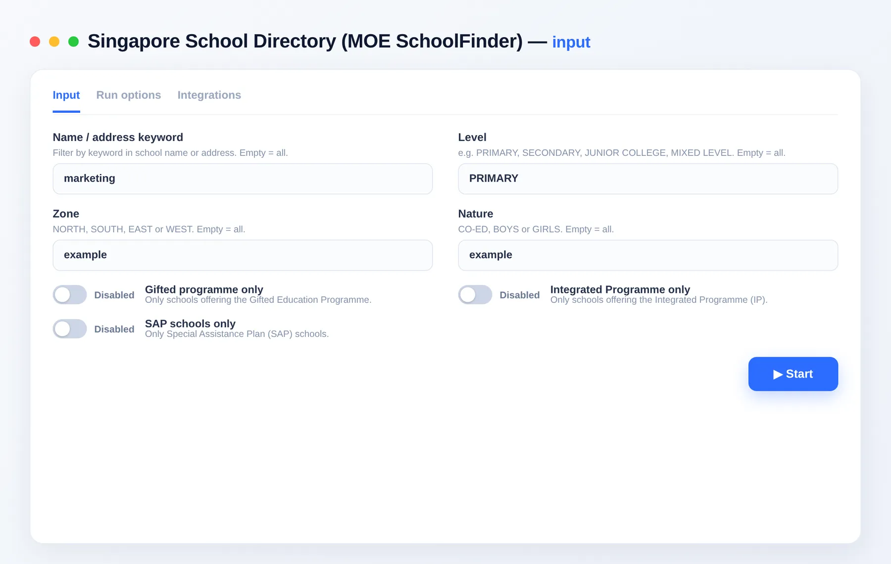 Singapore School Directory input — level, zone and programme filters in the Apify Console