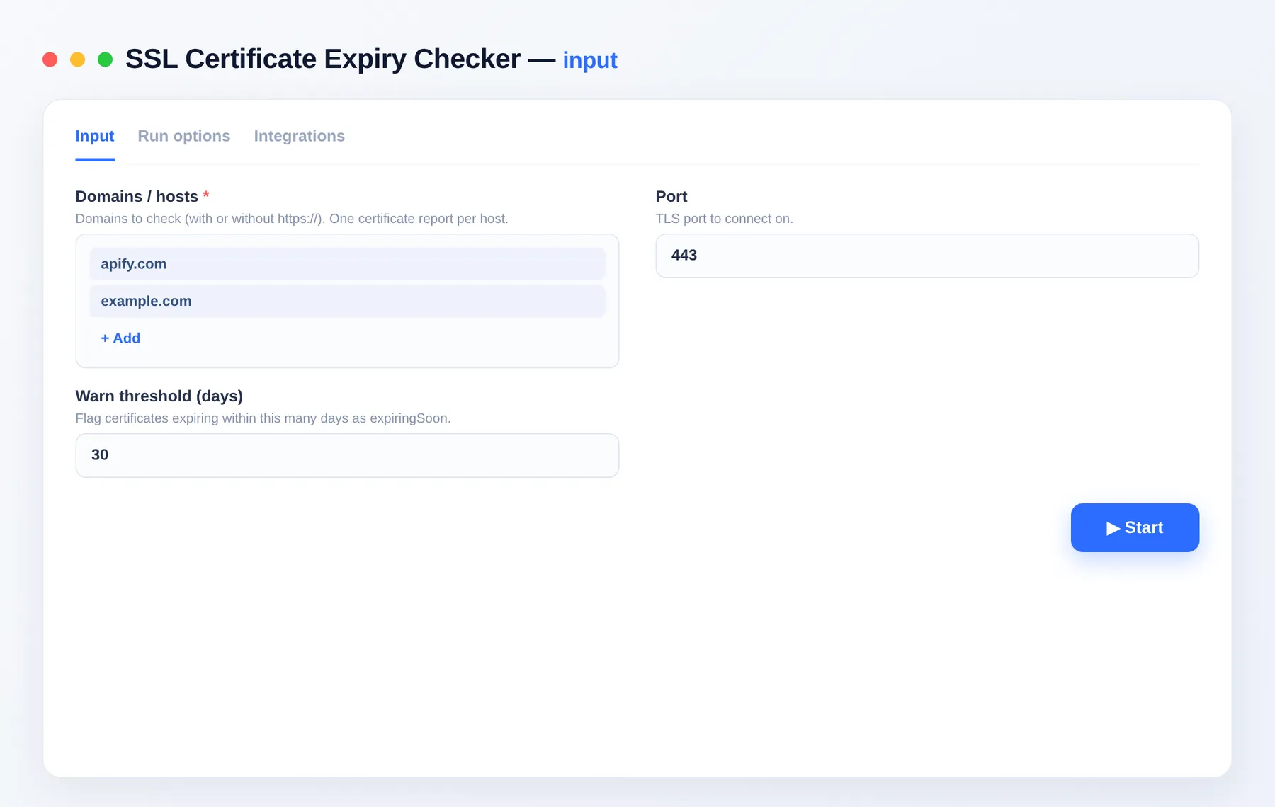SSL Certificate Expiry Checker input — configure the options in the Apify Console