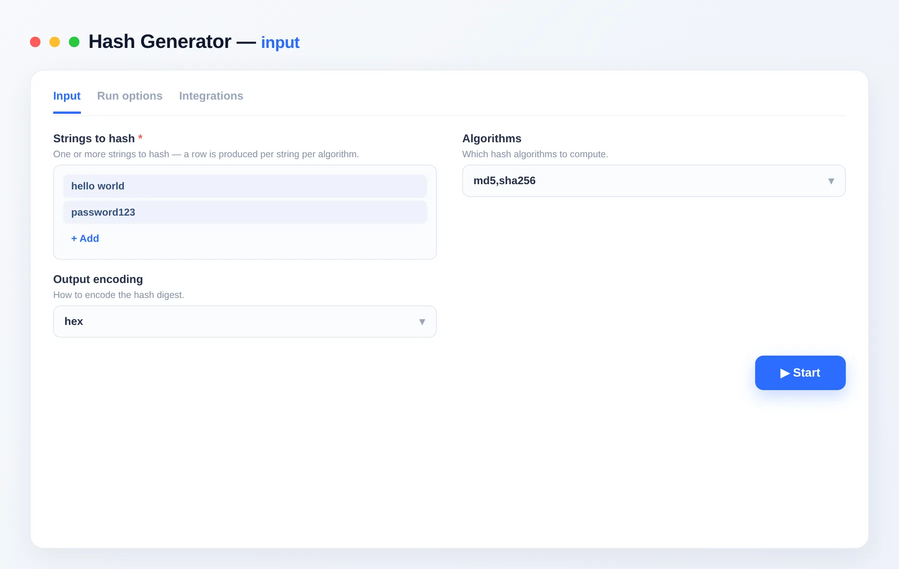 Hash Generator input — configure the options in the Apify Console