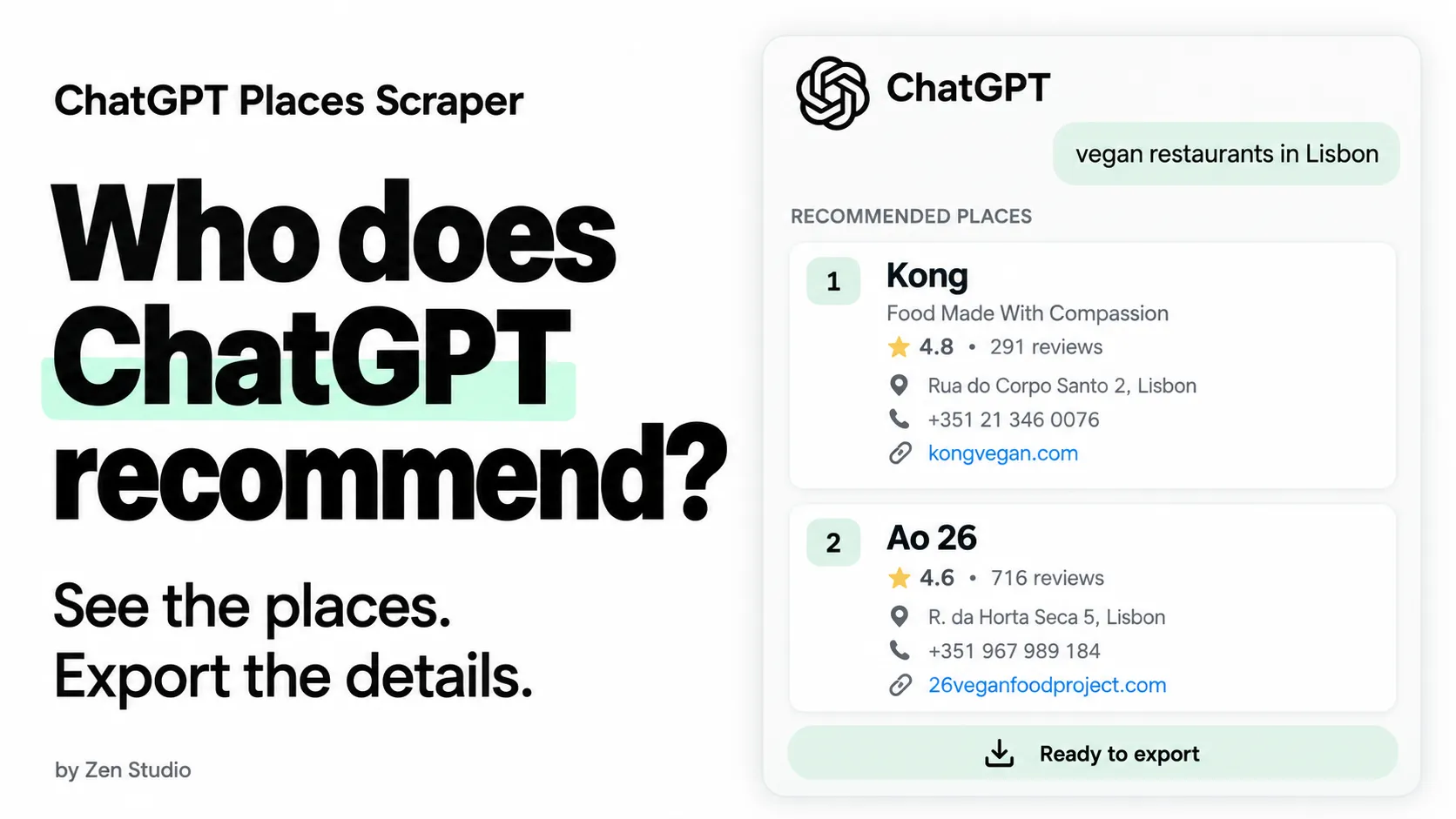 Who does ChatGPT recommend? See the places. Export the details. Example Lisbon businesses with ratings, phone numbers and websites.