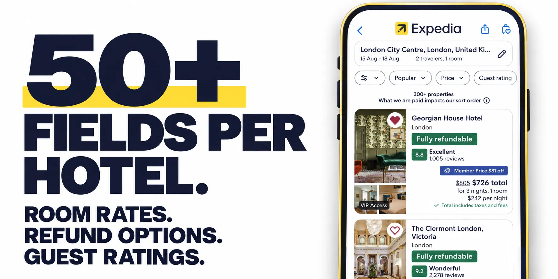 50+ FIELDS PER HOTEL. ROOM RATES. REFUND OPTIONS. GUEST RATINGS.
