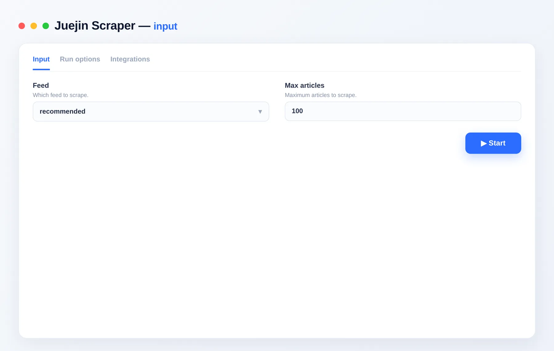 Juejin Scraper input — options in the Apify Console