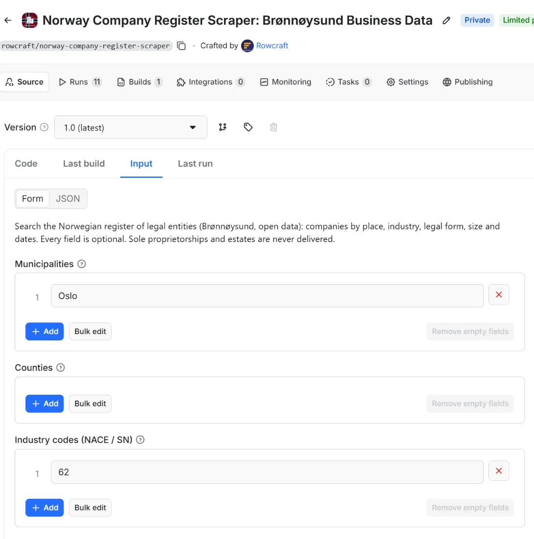 Input form of Norway Company Register Scraper: Brønnøysund Business Data