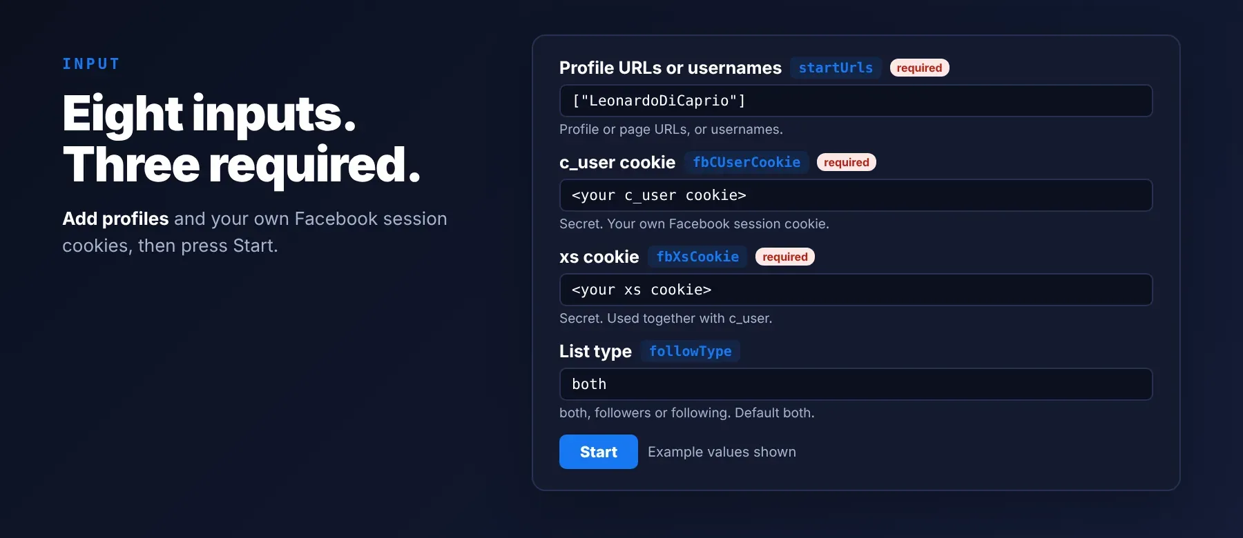 Facebook Followers & Following Scraper input: startUrls, fbCUserCookie, fbXsCookie and followType