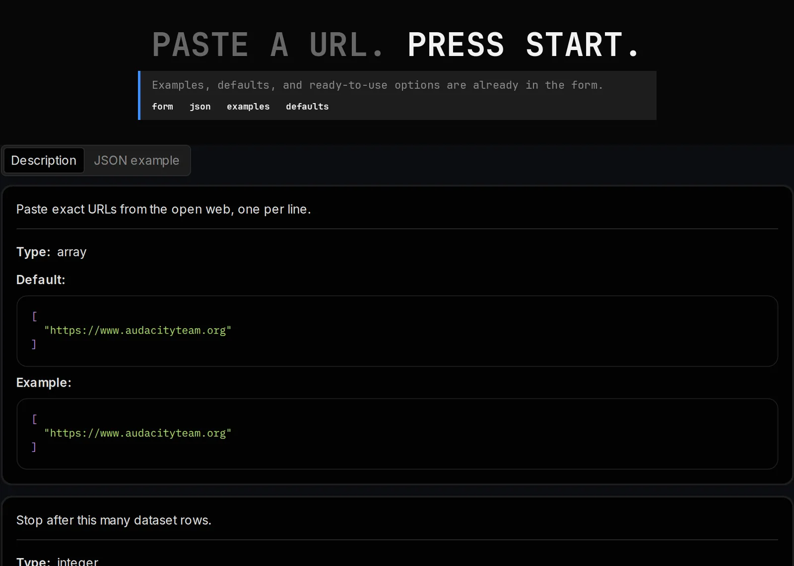 Website Lead Scraper published input controls