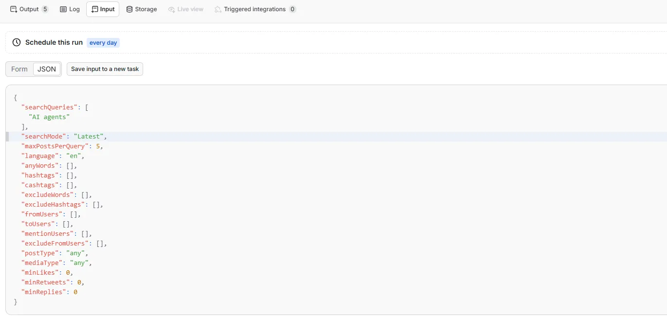 Advanced X/Twitter search input configured in Apify Console