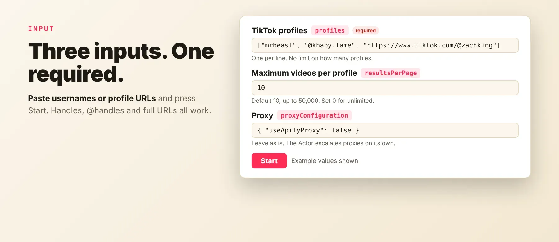TikTok Profile Scraper input: profiles, videos per profile and proxy