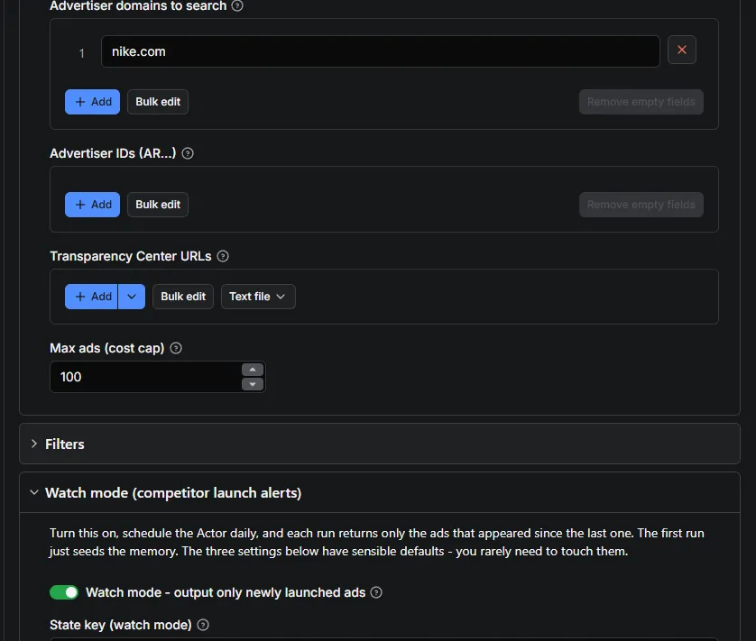 The input form with nike.com entered and watch mode switched on