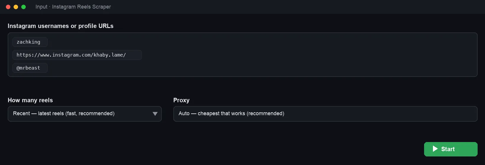 Input: paste Instagram usernames or profile URLs