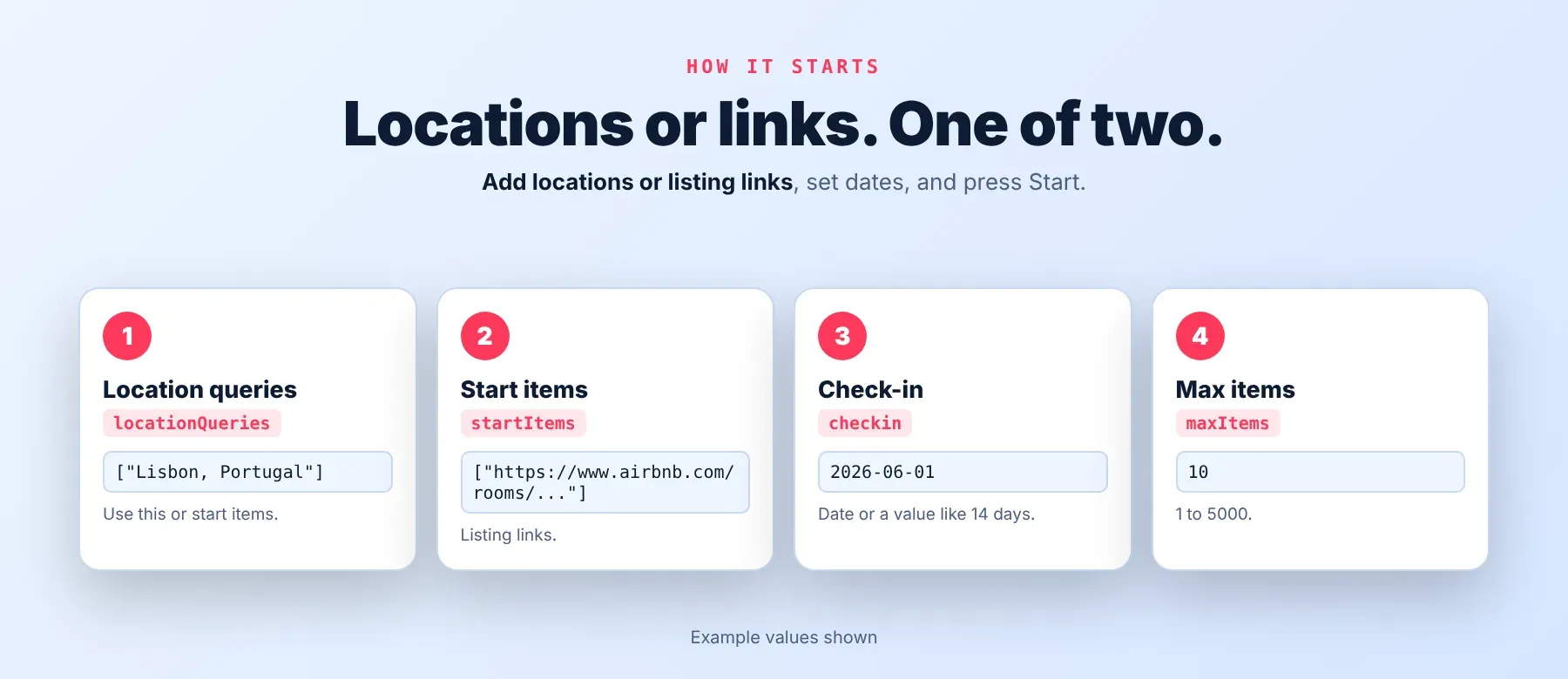 Airbnb Scraper input form with location queries, start items, check-in and max items