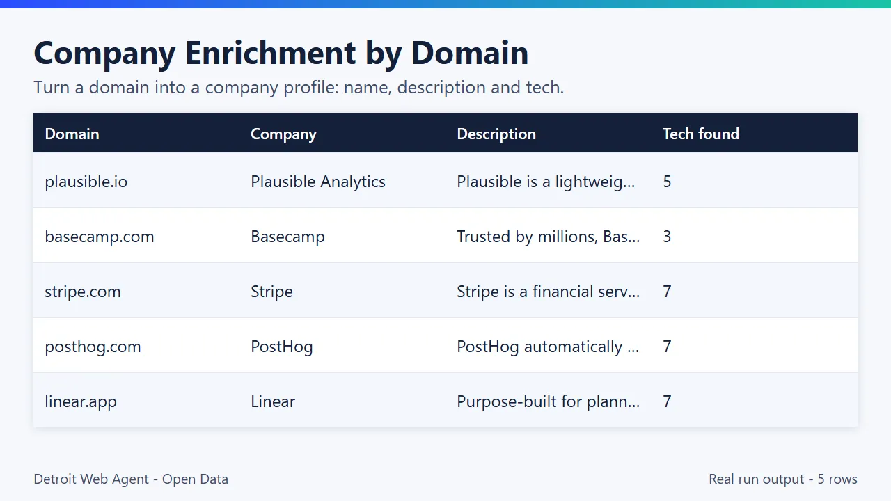 Company Enrichment by Domain output preview: real run results as a table