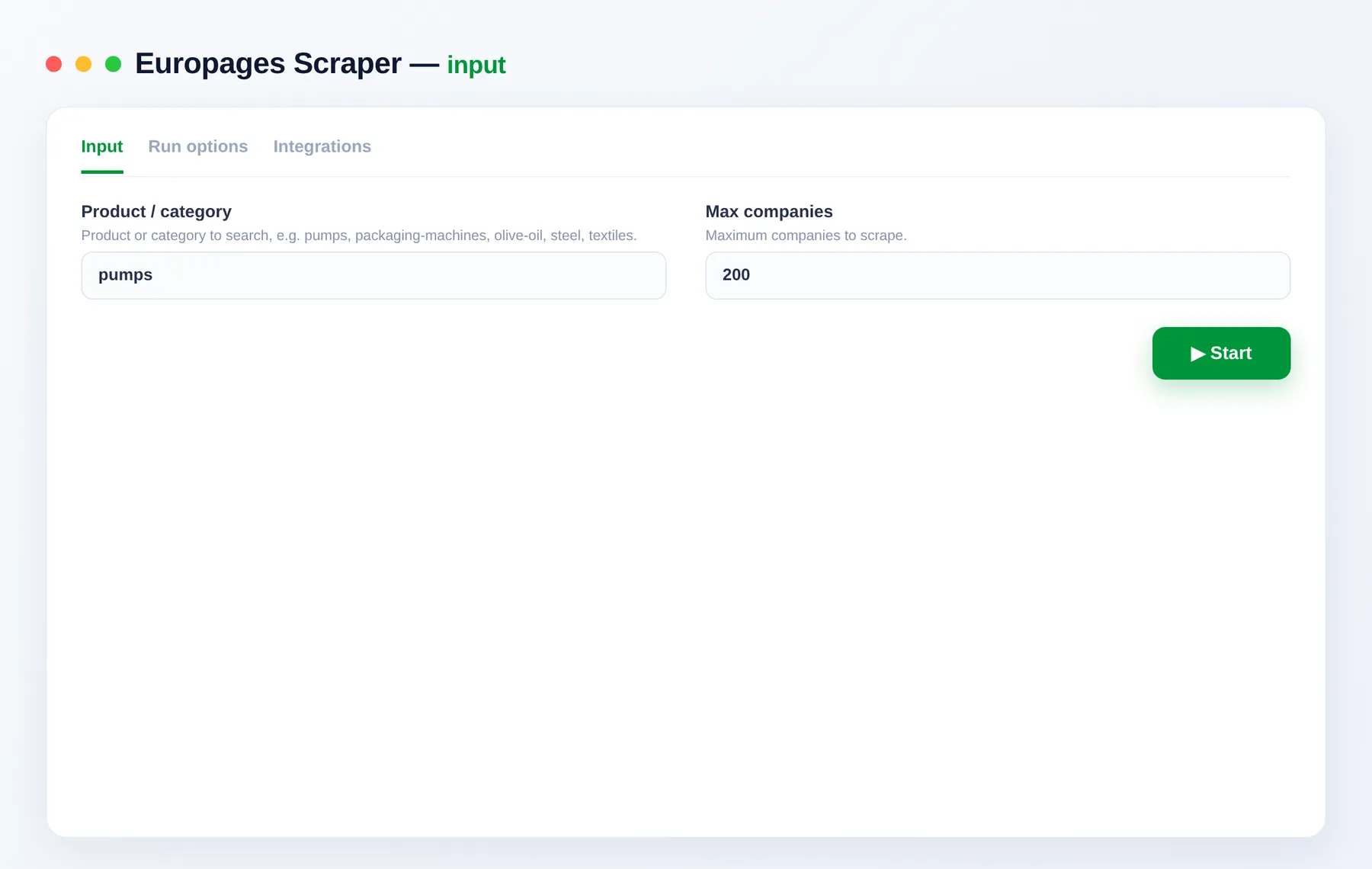 Europages Scraper input — product category and results limit in the Apify Console