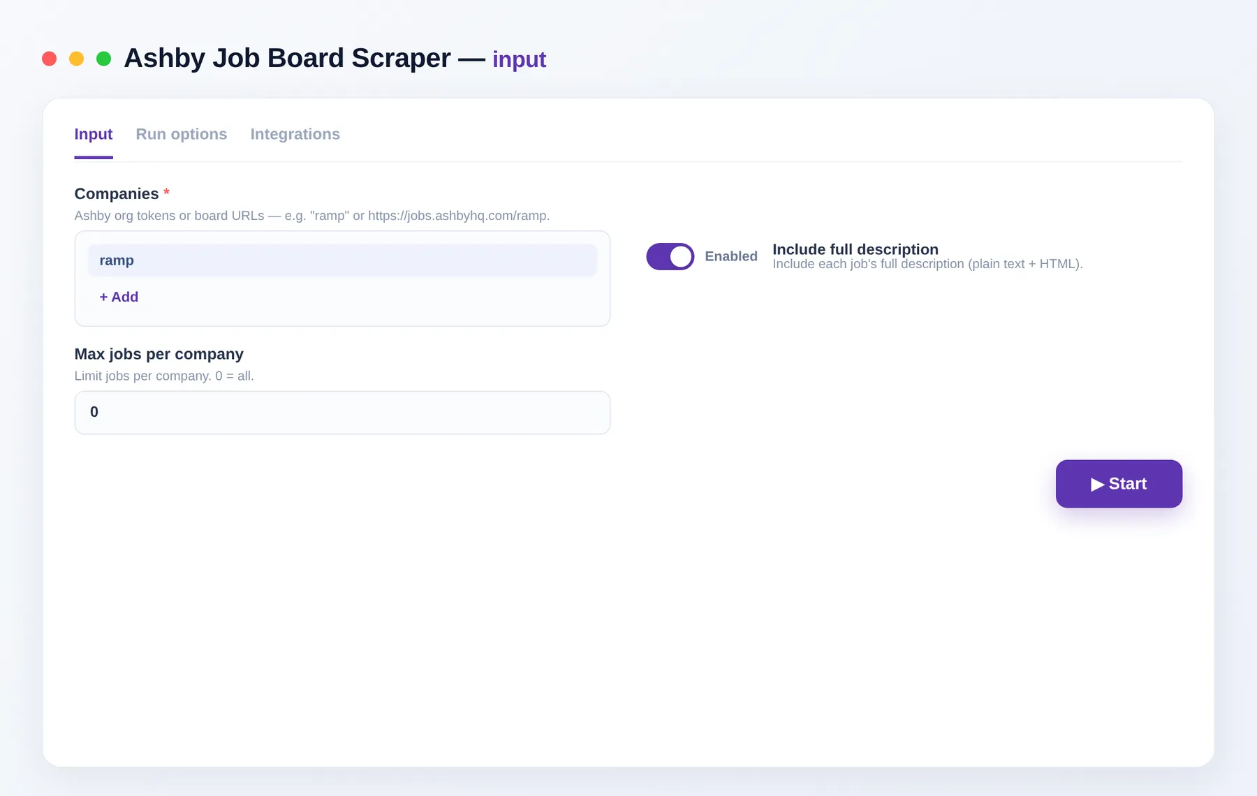 Ashby Job Board Scraper input β companies, full description and job cap in the Apify Console