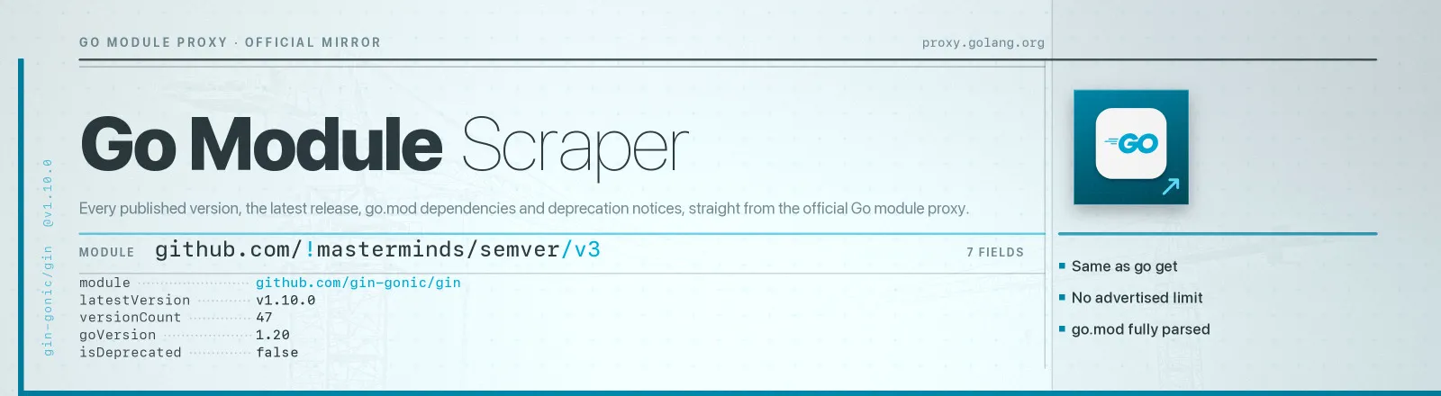 Go Module Scraper: Every published version, the latest release, go.mod dependencies and deprecation notices, straight from the official Go module proxy