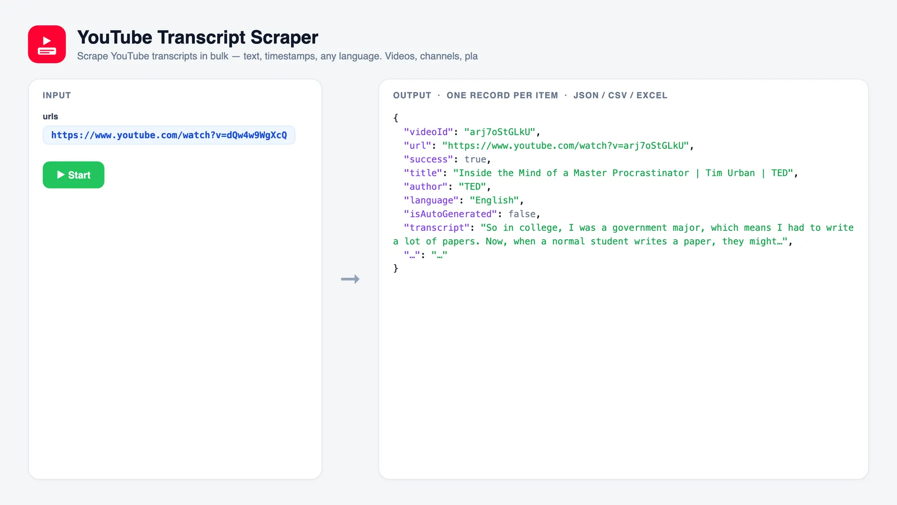 YouTube Transcript Scraper — input and sample output