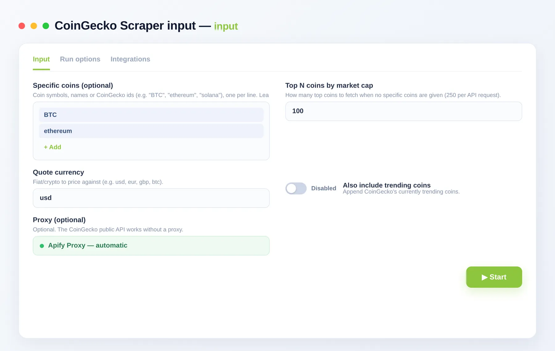 CoinGecko Scraper input — coin list, max coins and quote currency in the Apify Console
