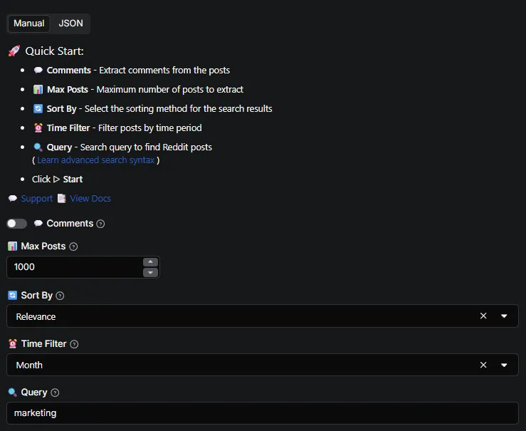 Reddit Search API Input Interface - Search Reddit posts with cloudsearch syntax, boolean operators (AND OR NOT), field-specific searches (title author subreddit), time filters (hour day week month year), sort options (relevance hot top new comments), and comment extraction settings for content monitoring and trend analysis